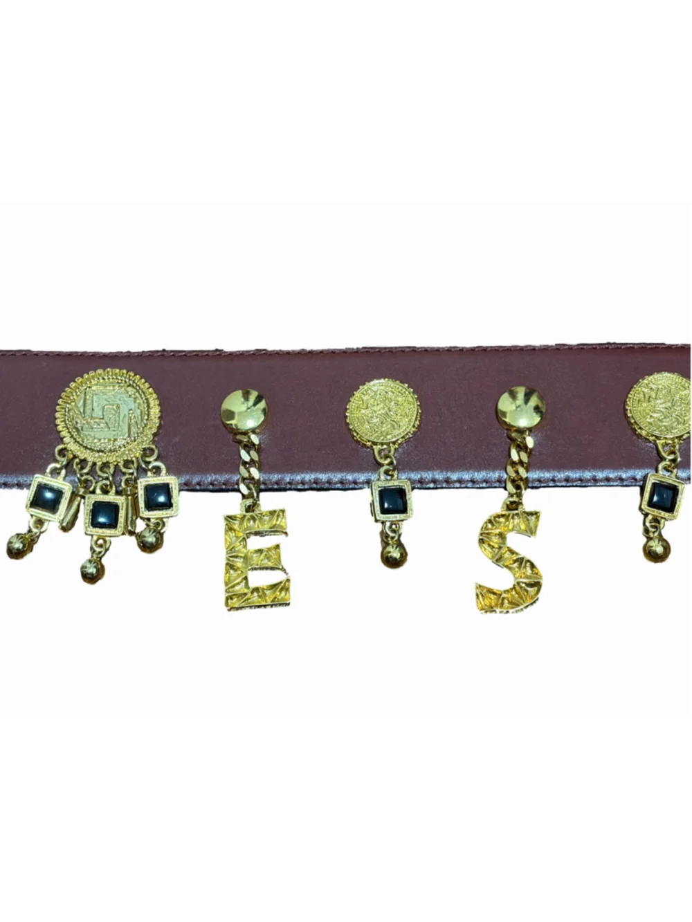 Vintage Escada Brown Leather Belt Gold Letter Charms Buckle Sz 36 Germany